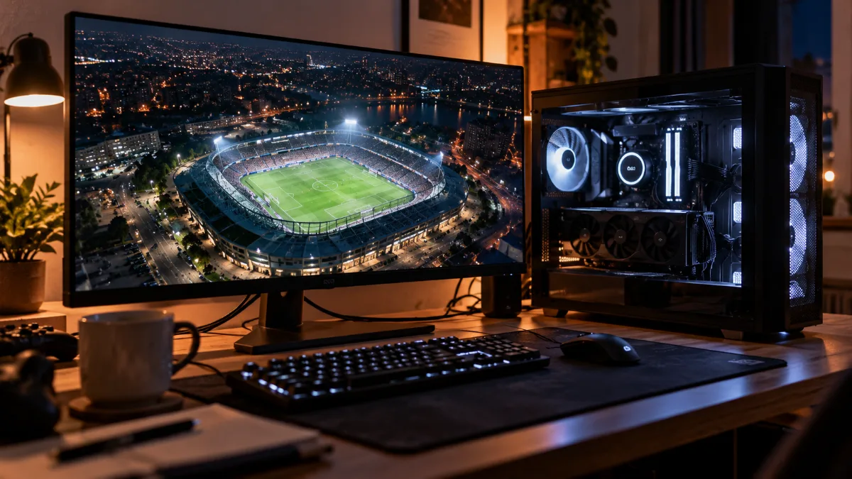 PC gamer sur un bureau à côté d'un écran affichant un stade de football illuminé