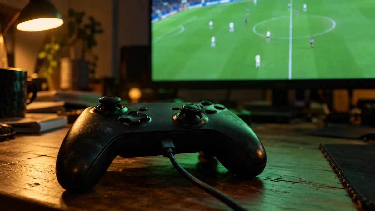 Écran gamer rapide affichant un match de football avec une manette posée devant