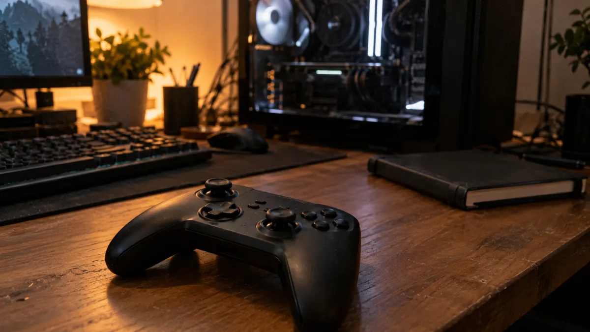 Manette posée sur un bureau devant un PC gamer allumé