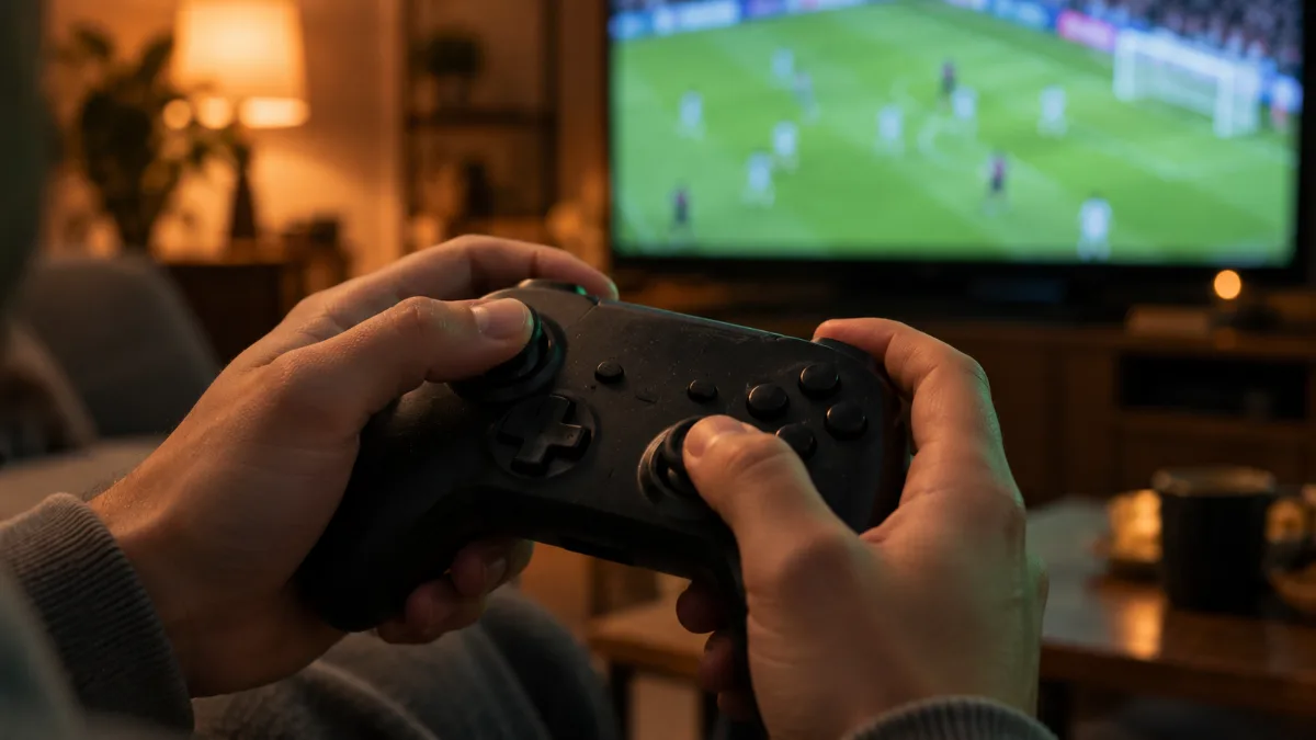 Mains tenant une manette de jeu noire pendant un match de football sur PC