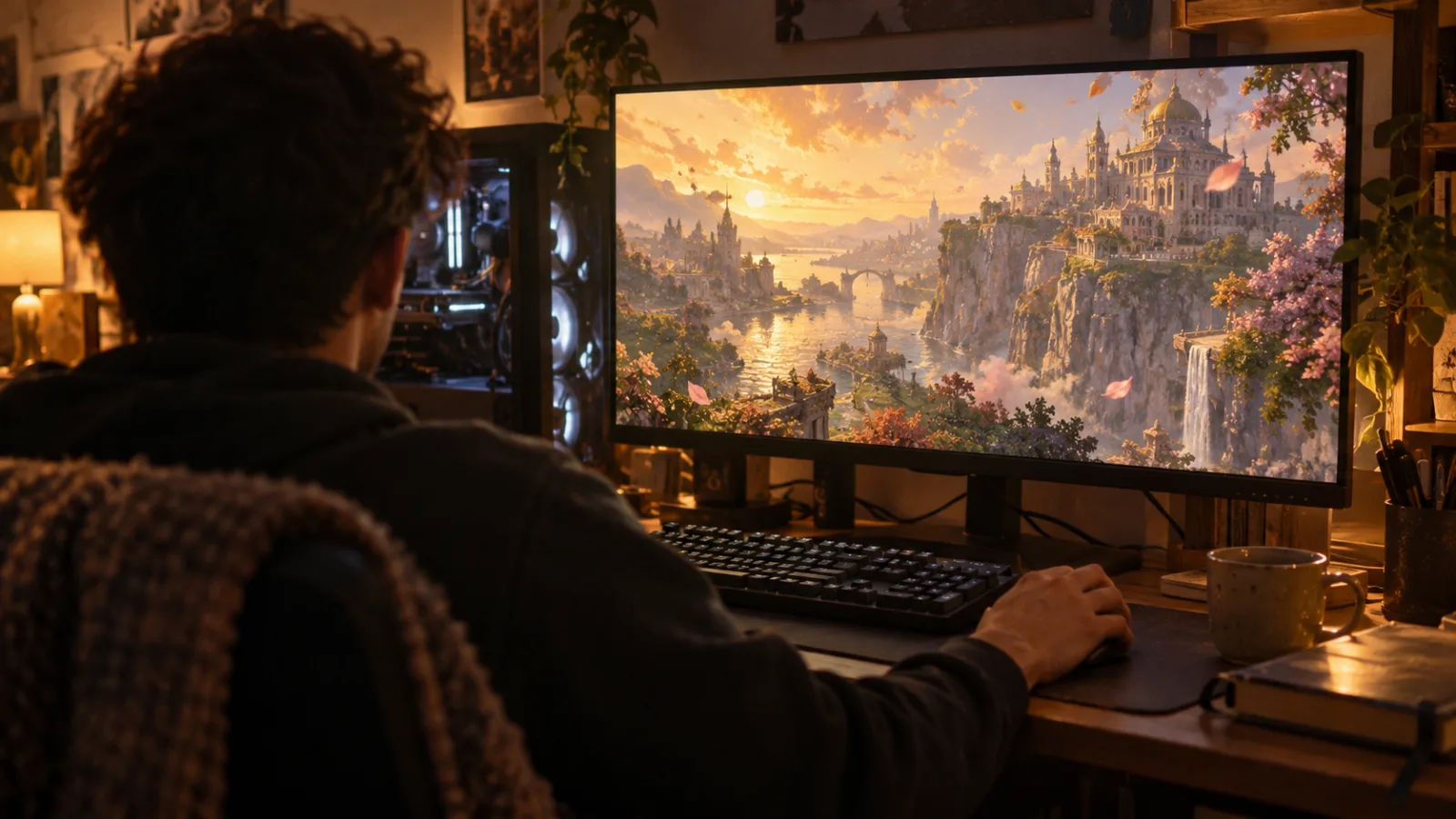 Joueur devant un PC gamer affichant un paysage de fantasy pictural aux couleurs de peinture