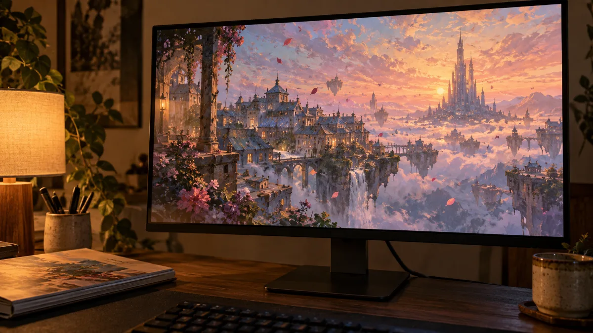 Paysage de fantasy aux couleurs de tableau impressionniste affiché sur un grand écran de PC