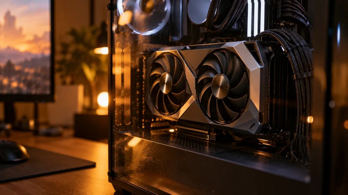 Carte graphique de PC gamer vue de près avec ses ventilateurs