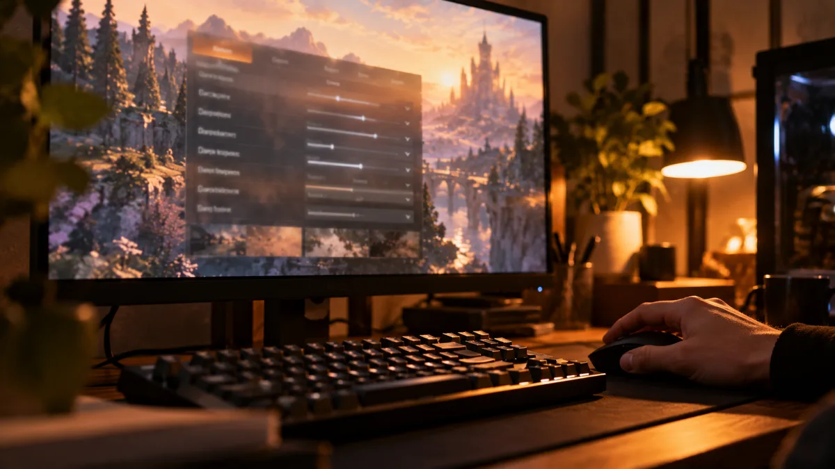 Écran PC affichant un menu de réglages graphiques flou devant un clavier gaming