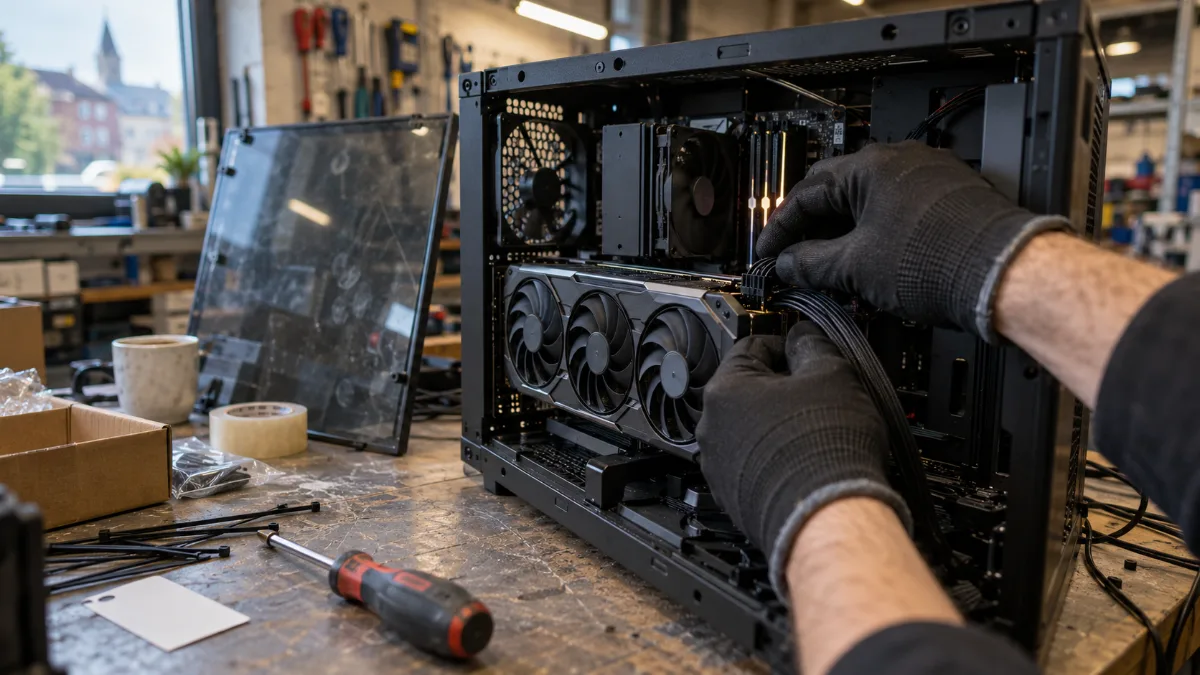 Gaming PC out on a test bench in the FlowUP workshop in Genappe