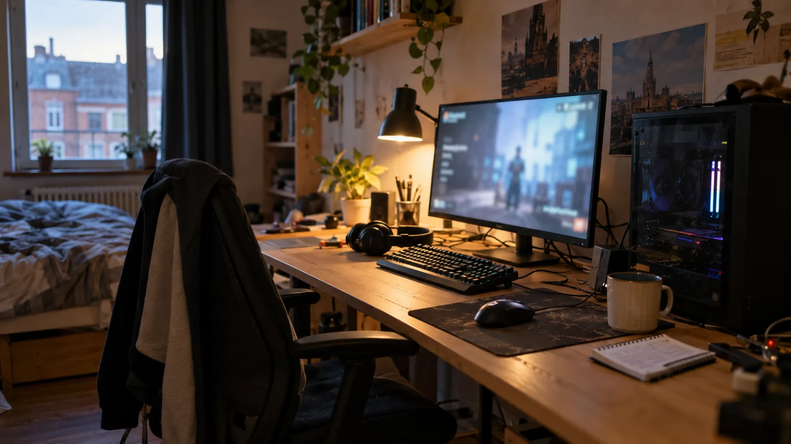 Complete gaming PC setup on a desk: tower, monitor, keyboard, mouse and headset