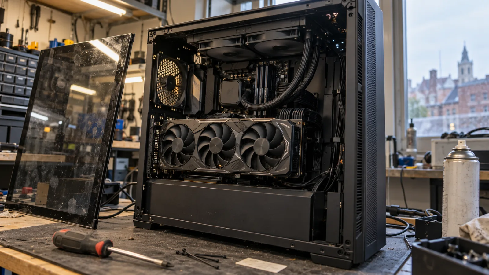 Interior of an RTX 5080 gaming PC on the FlowUP workshop bench
