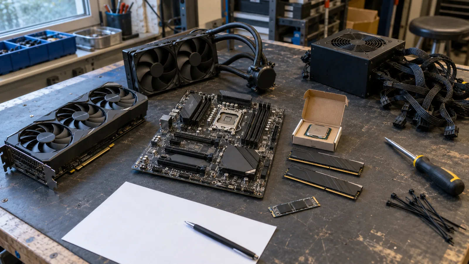 Components of a custom gaming PC placed on a workbench before assembly