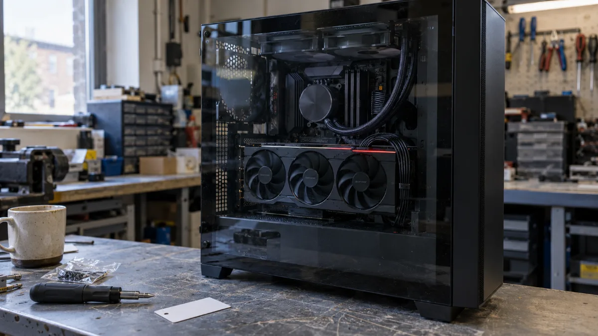 PC gamer RX 9070 XT sur l'établi de l'atelier FlowUP à Genappe