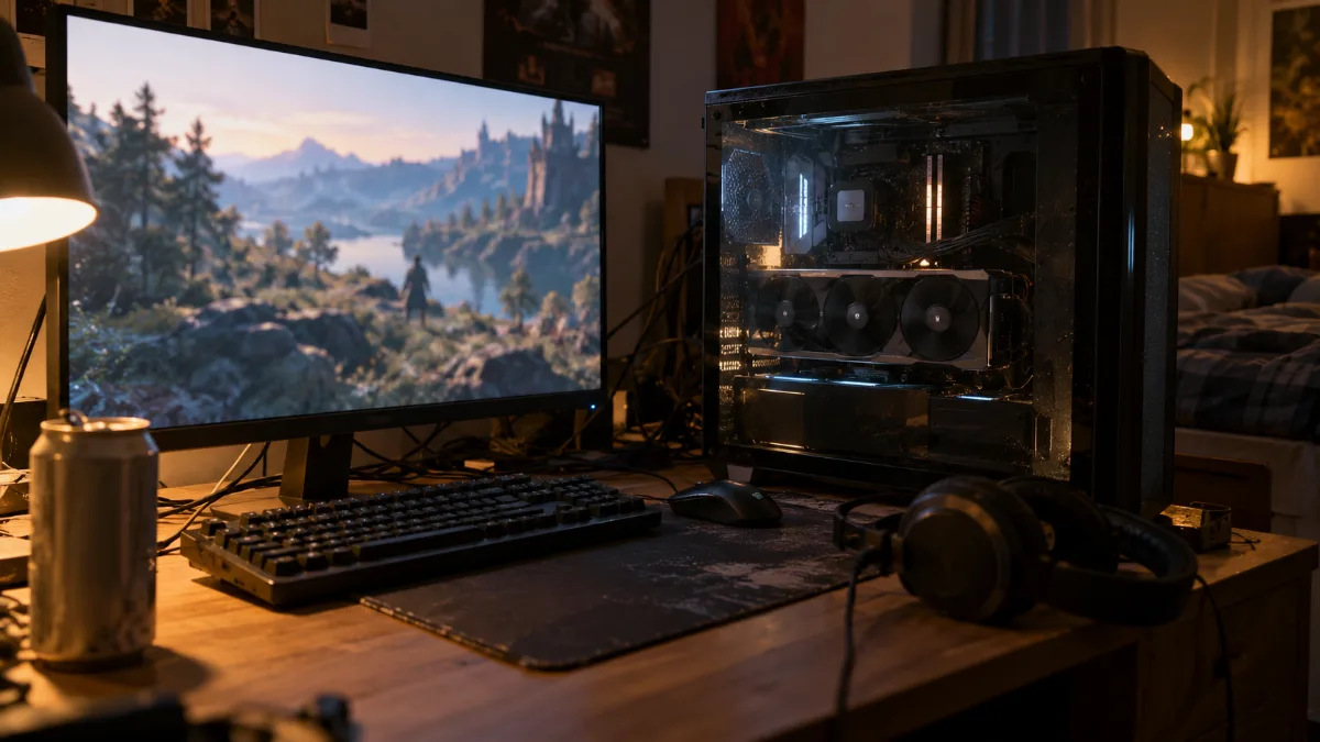 Bureau de joueur avec un pc gamer rx 9070 xt et un écran 1440p