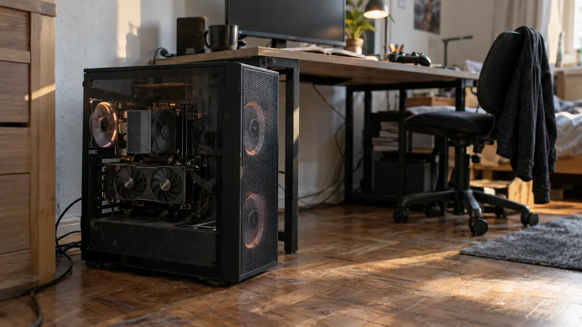 PC gamer 800 euros d'entrée de gamme posé à côté d'un bureau