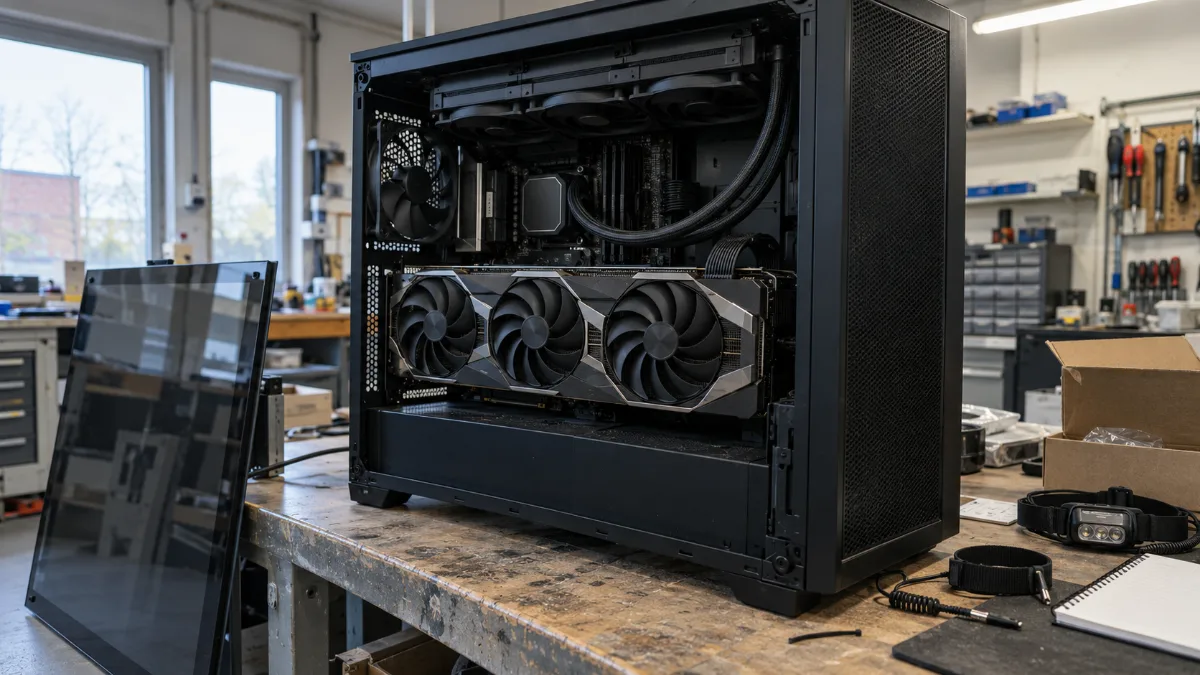 PC gamer RTX 5090 ouvert dans un grand boîtier à l'atelier FlowUP