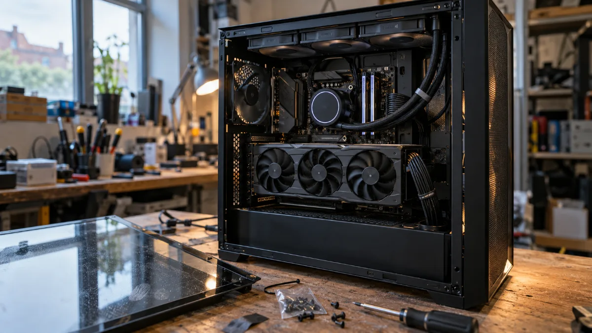 Intérieur d'un pc gamer i7 monté avec watercooling AIO 360 mm à l'atelier