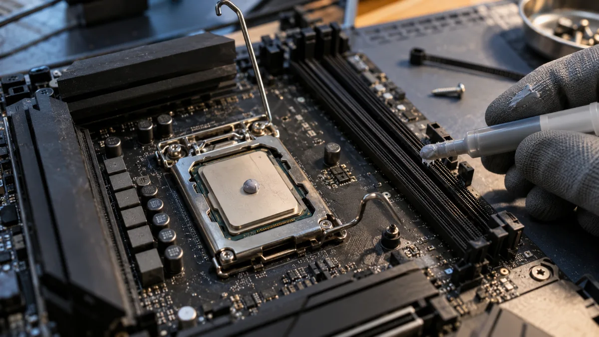 Processeur Intel posé sur un socket LGA1700 avec pâte thermique avant montage