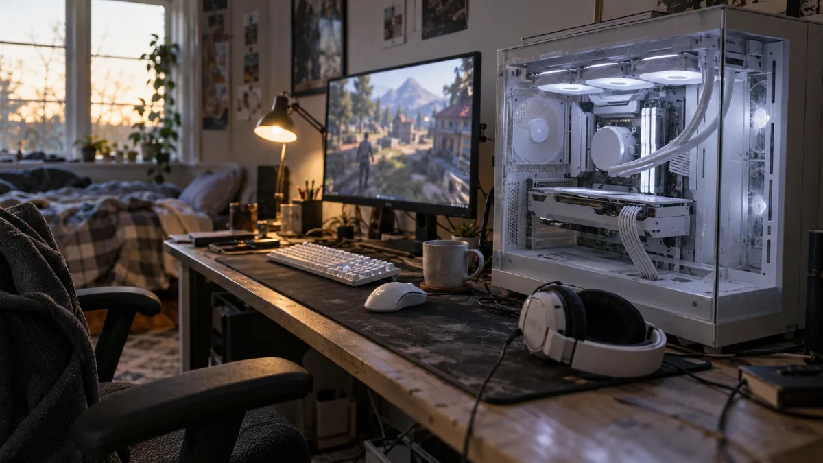 PC gamer Ryzen 7 blanc avec watercooling 360 mm sur un bureau de joueur