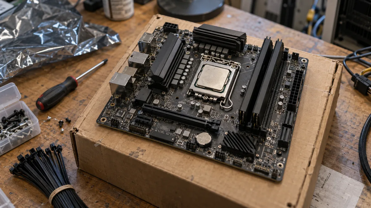 Processeur Ryzen installé sur une carte mère AM5 dans un atelier de montage