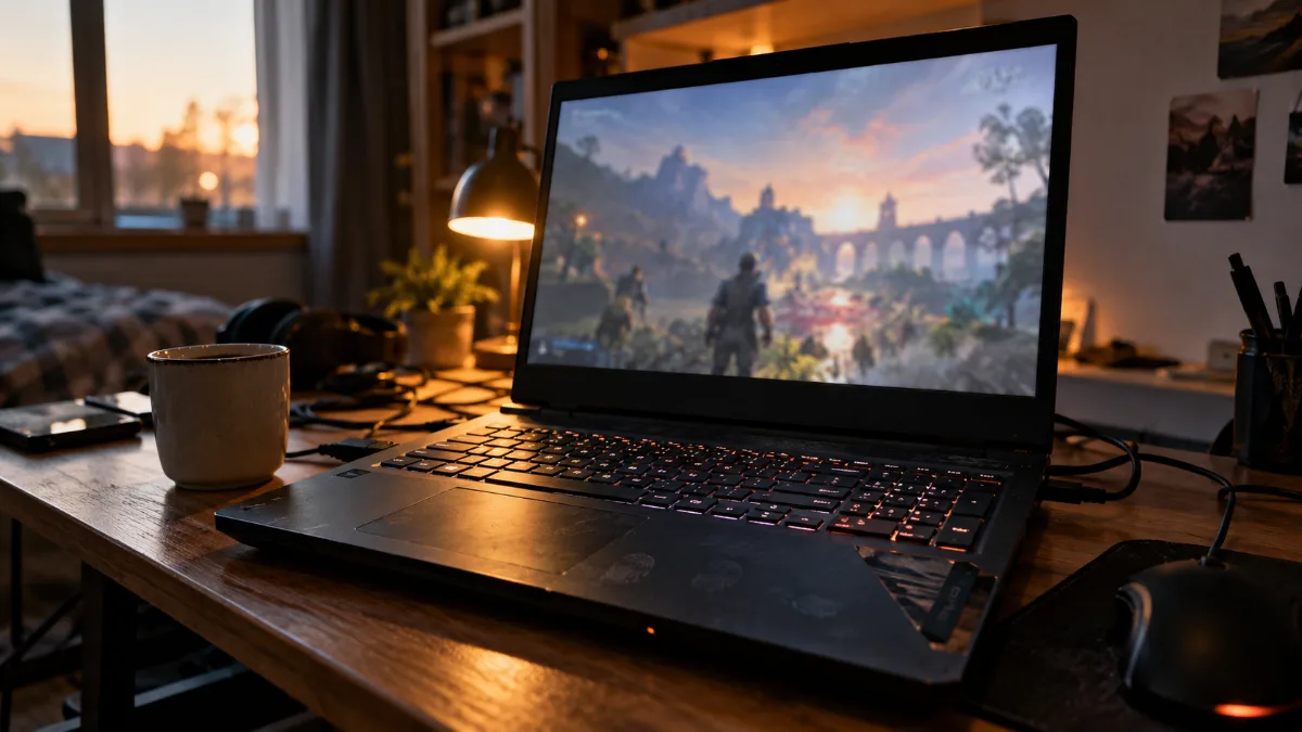 PC portable gamer 17 pouces noir ouvert sur un bureau de joueur, clavier rétroéclairé