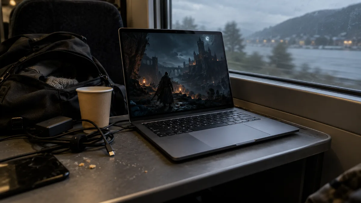 PC portable gamer fin avec écran OLED 16 pouces posé sur une table de train