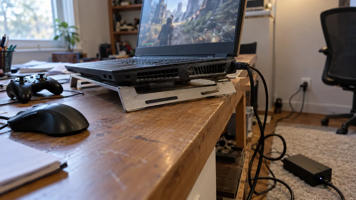 PC portable gamer posé sur un support ventilé, branché sur secteur, grilles d'aération dégagées