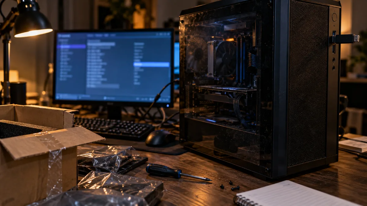 Tour de PC gamer avec une clé USB d'installation branchée en façade et le BIOS affiché à l'écran