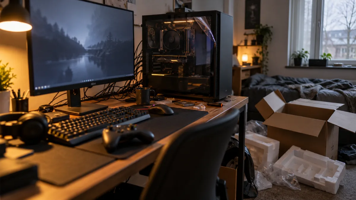 PC gamer tout juste déballé et allumé sur un bureau, prêt à jouer