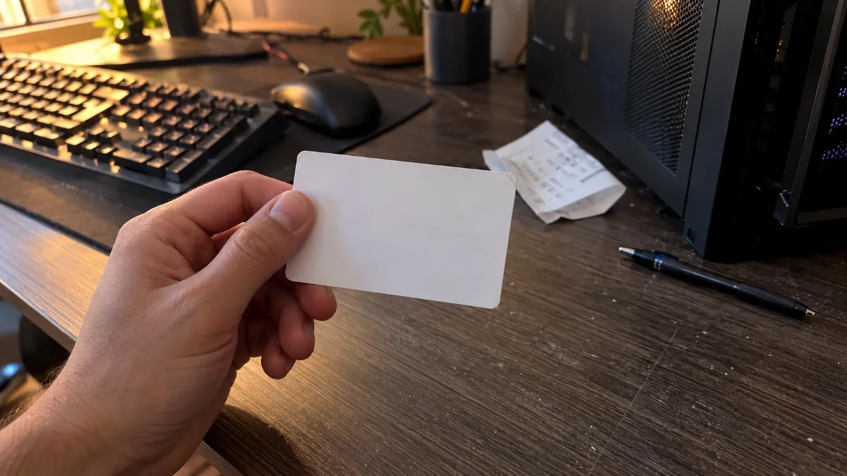 Main tenant une carte de licence logicielle vierge à côté d'une tour de PC gamer