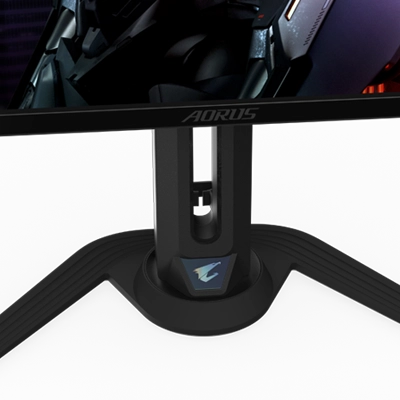 Vue détaillée du pied et du support de l'écran PC gaming AORUS avec finition noire.