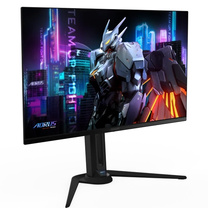 Vue détaillée du pied et du support de l'écran PC gaming AORUS avec finition noire.