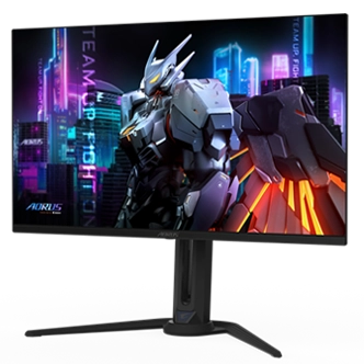 Écran PC gaming AORUS OLED présenté de face avec son pied et son design gaming.