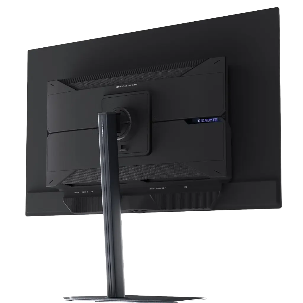 Vue arrière du GIGABYTE MO32U mettant en avant son design sobre et son pied ergonomique.