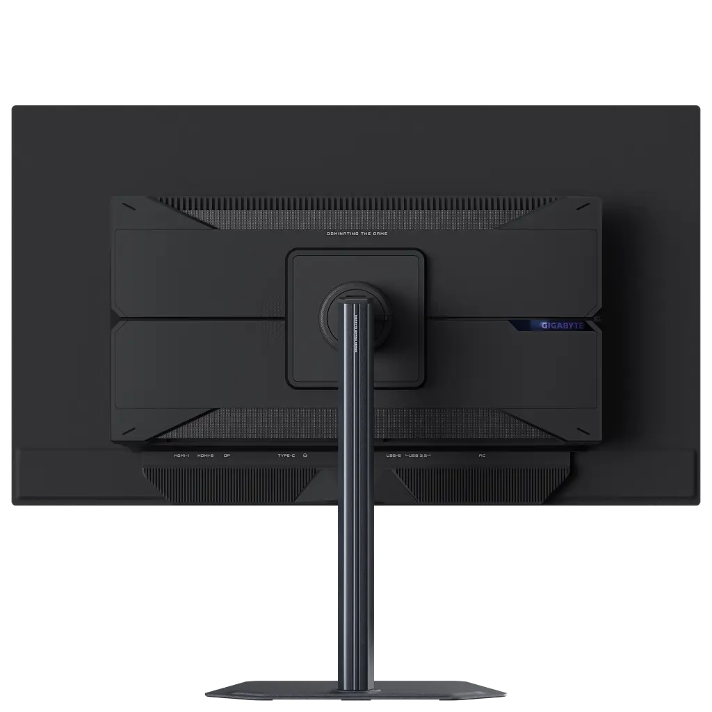 Vue arrière du GIGABYTE MO32U avec son design épuré et son système de pied pensé pour une installation ergonomique.