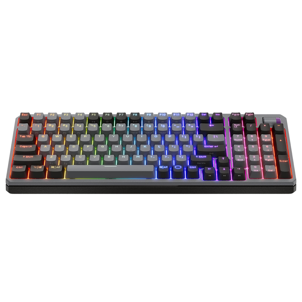 Vue de face clavier gamer Cooler Master MK770 Gris Spatial avec rétroéclairage LED RGB et switches hot swappables FlowUP
