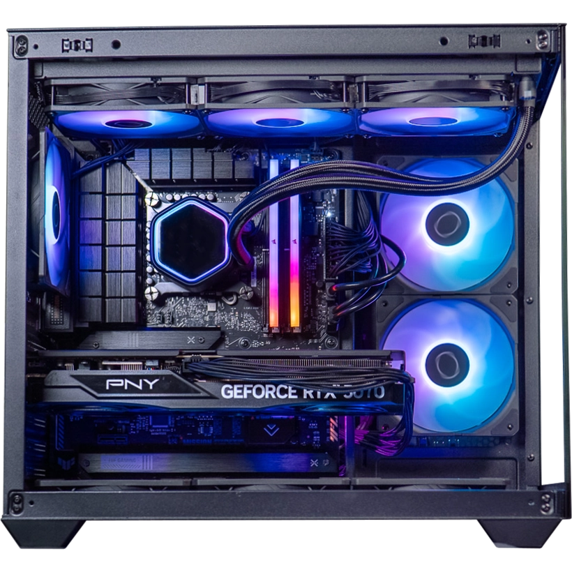 Vue d'ensemble du PC gamer Aqua : watercooling Cooler Master MasterLiquid 360,ses barrettes de RAM DDR5 à éclairage RGB dynamique