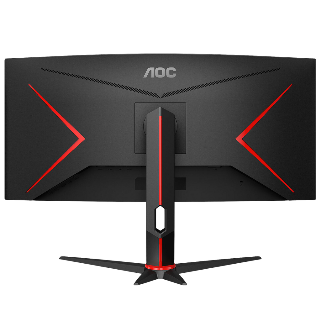Vue arrière complète de l'écran PC gamer incurvé AOC 34 pouces WQHD avec accents rouges et logo pour setup FlowUP