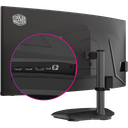 Vue arrière de l'écran PC gamer incurvé Cooler Master GM34-CWQ2 avec zoom sur les ports HDMI, DisplayPort, USB-C et la sortie audio pour FlowUP
