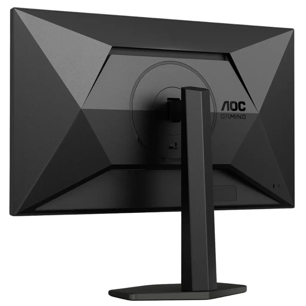 Vue arrière de trois-quarts de l'écran PC gamer AOC AGON PRO AG276QZD2 avec éclairage RGB Light FX violet et pied ergonomique pour FlowUP