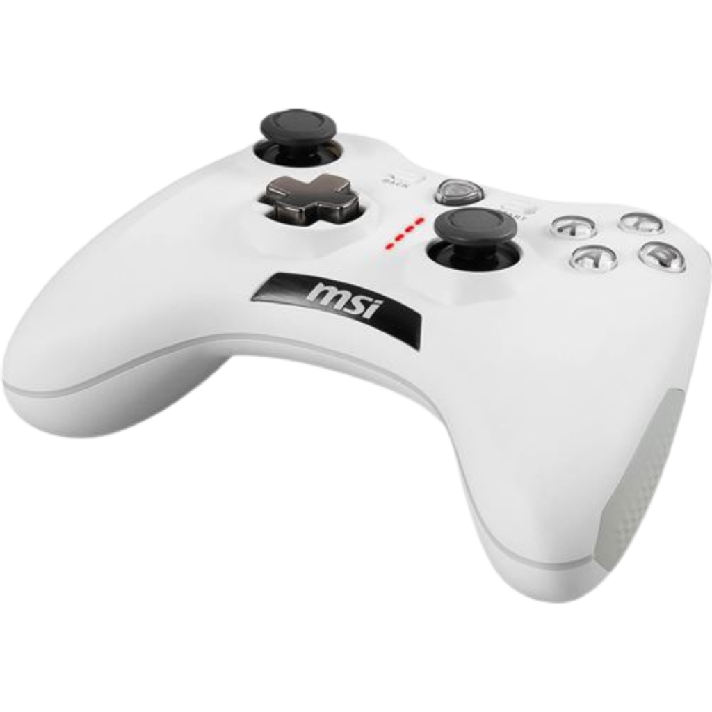 Vue latérale manette PC MSI Force GC20 V2 blanche soulignant le design ergonomique et les grips texturés pour le gaming FlowUP