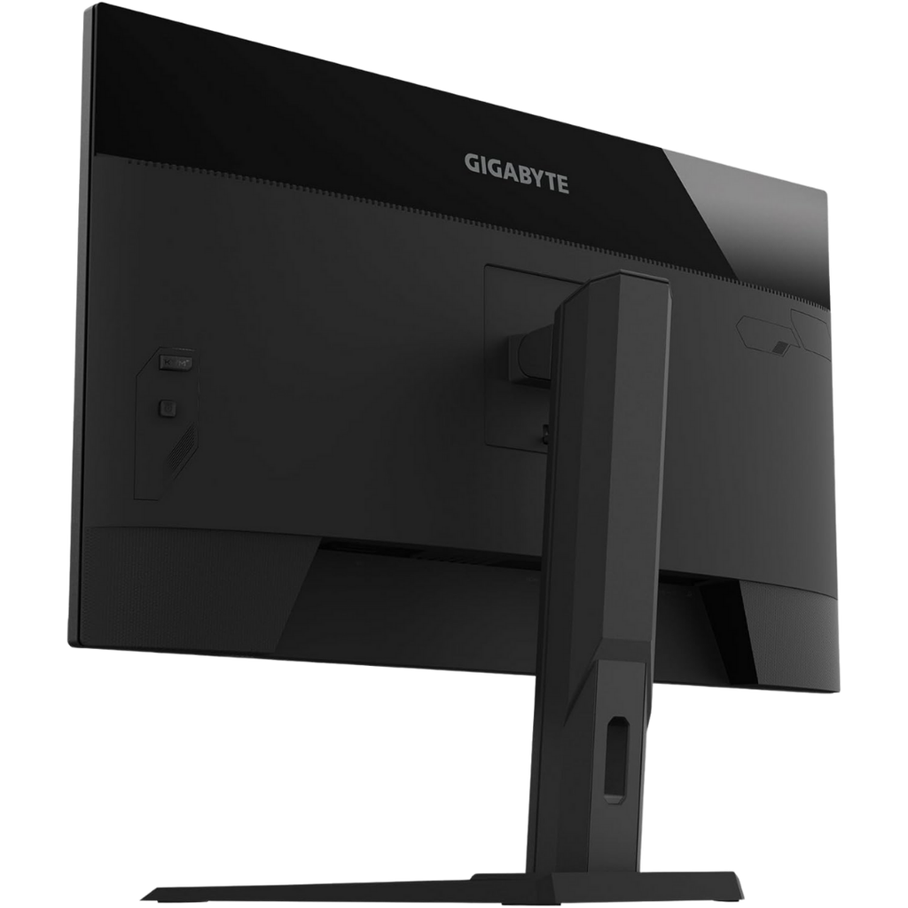 Vue arrière de trois-quarts de l'écran PC gamer plat Gigabyte M32UP montrant son pied ergonomique et son design sobre pour setup FlowUP