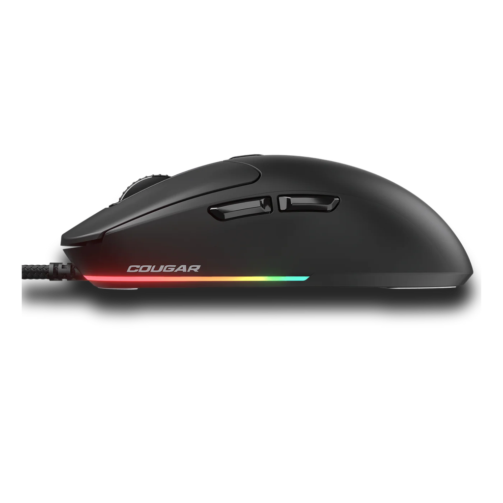 Vue de profil de la souris gaming noire Cougar Minos NEO avec sa coque laissant apparaître un éclairage RGB pour setup PC gamer FlowUP