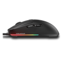 Vue de profil de la souris gaming noire Cougar Minos NEO avec sa coque laissant apparaître un éclairage RGB pour setup PC gamer FlowUP