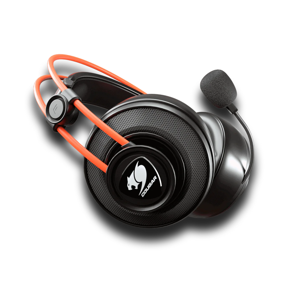 Vue de trois quarts casque gaming filaire Cougar Immersa Ti EX noir et orange avec micro antibruit et arceau suspendu FlowUP