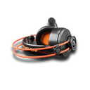 Vue de profil casque gaming filaire Cougar Immersa Ti EX noir et orange posé montrant l'arceau suspendu et le micro flexible FlowUP