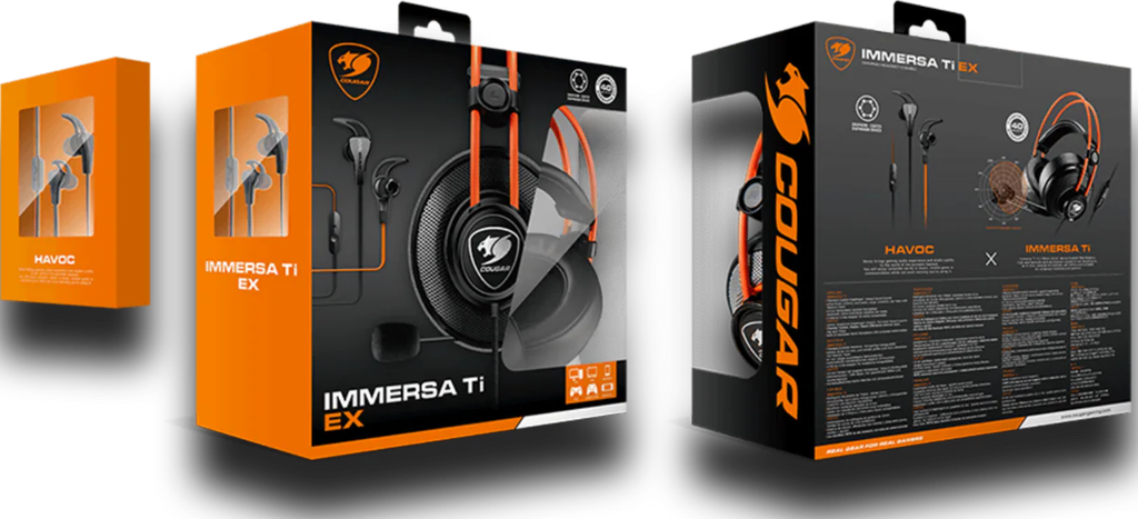 Vue des boîtes d'emballage du pack 2-en-1 casque et écouteurs gaming Cougar Immersa Ti EX aux couleurs orange et noir FlowUP