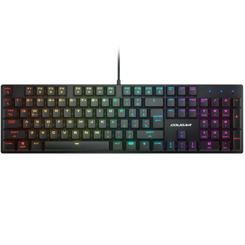 Vue de face ensemble clavier souris gamer Cougar Combat noir avec rétroéclairage LED RGB et châssis métallique robuste FlowUP