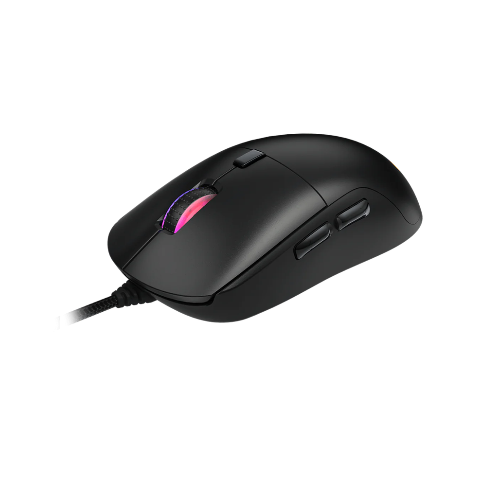 Vue de trois quarts souris gamer filaire Cougar Combat noire avec rétroéclairage LED RGB et design ergonomique ambidextre FlowUP