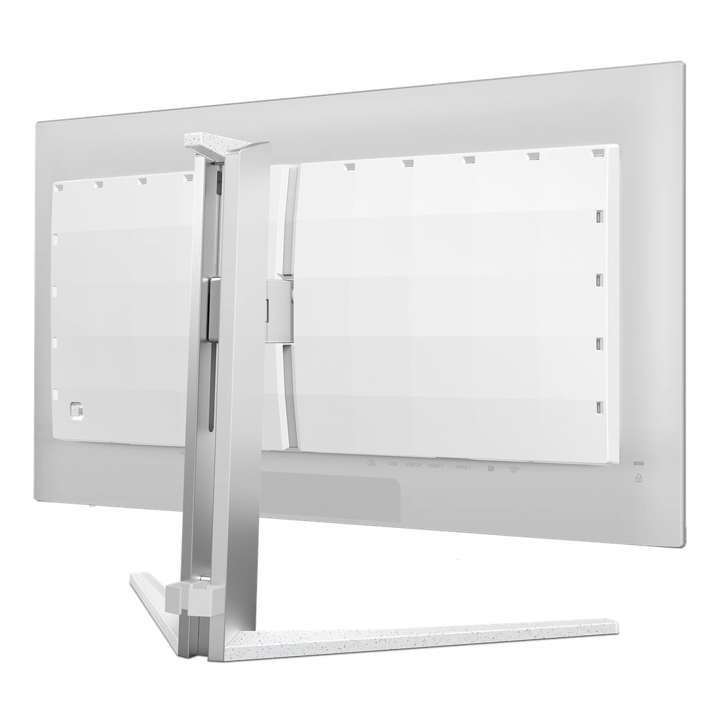 Vue arrière de trois-quarts de l'écran PC gamer plat Philips Evnia de 27 pouces montrant son pied ergonomique blanc et son design moderne pour setup FlowUP.