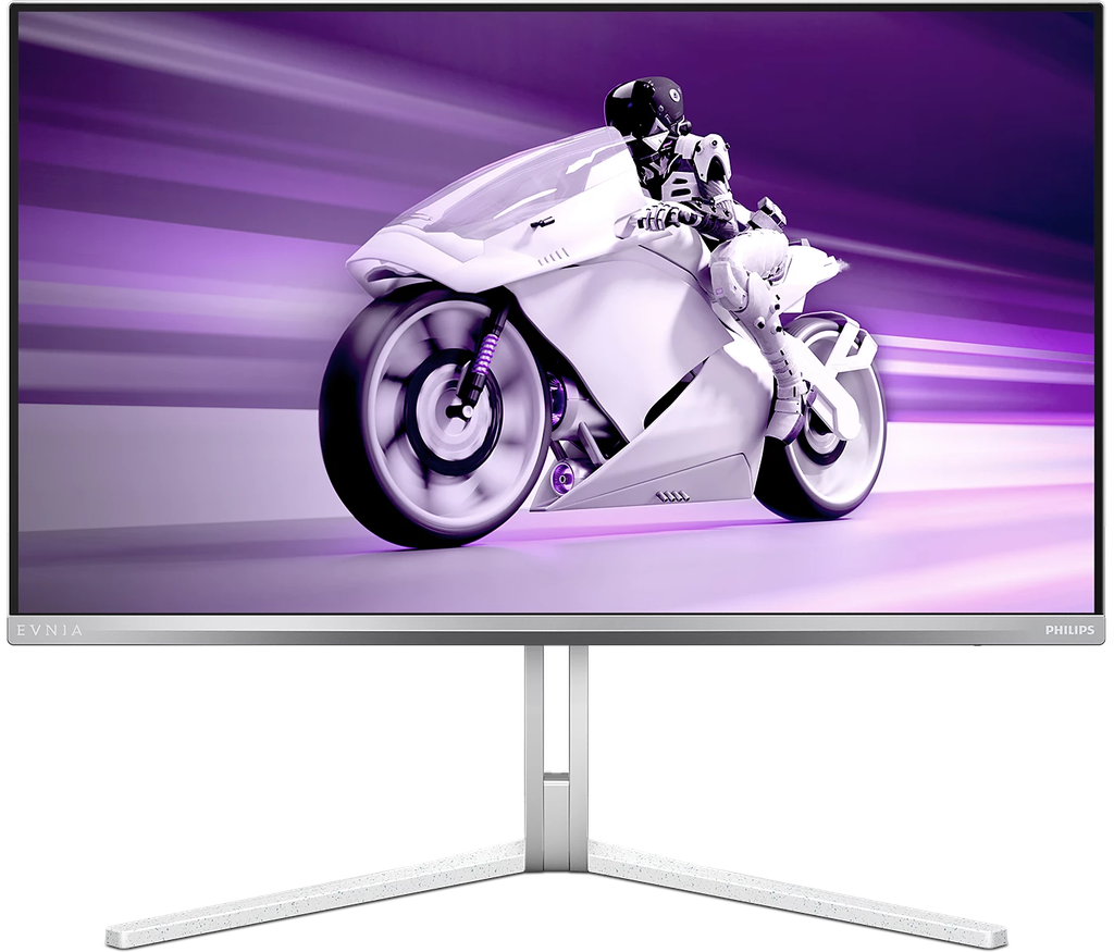Vue de face de l'écran PC gamer plat Philips Evnia de 27 pouces avec son pied ergonomique blanc au design épuré pour setup FlowUP