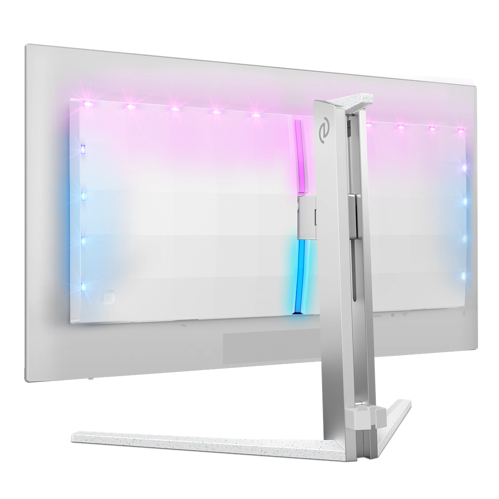 Vue arrière de trois-quarts de l'écran PC gamer Philips Evnia montrant l'éclairage Ambiglow activé et le pied ergonomique pour setup FlowUP