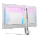 Vue arrière de trois-quarts de l'écran PC gamer Philips Evnia montrant l'éclairage Ambiglow activé et le pied ergonomique pour setup FlowUP