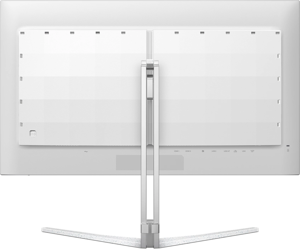 Arrière écran PC gamer Philips Evnia 32 pouces QD OLED 4K 240Hz design blanc avec pied métallique stable et fixation VESA